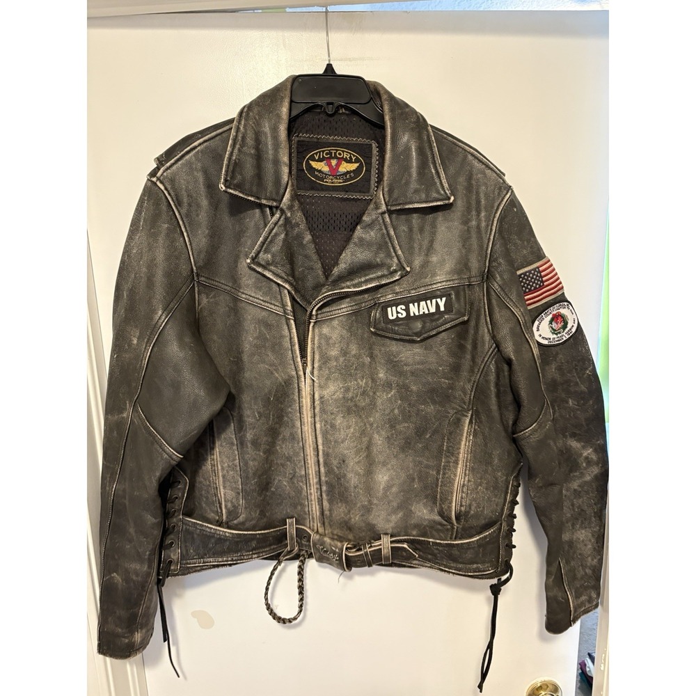 Vintage Victory Motorcycles Distressed Black Leather Jacket-Size XL